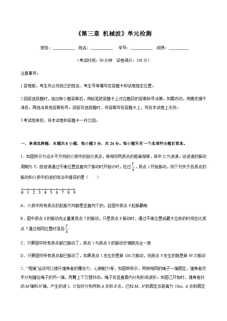 人教版2019选择性必修第一册高二物理同步练习《第三章机械波》单元检测(原卷版+解析)第1页