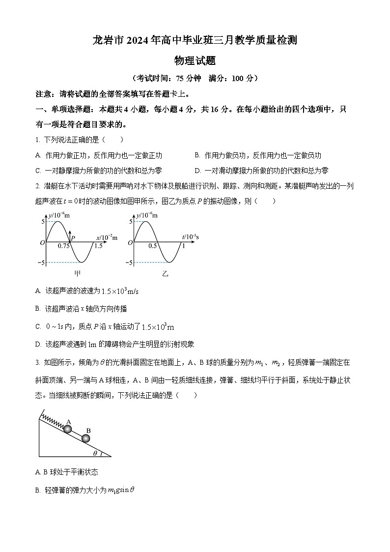 福建省龙岩市2024届高三下学期3月一模物理试题（Word版附解析）01