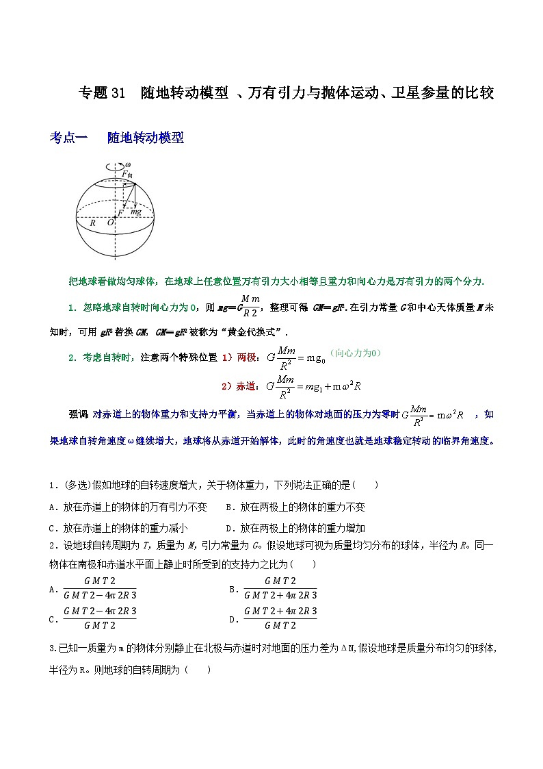 高考物理一轮复习重难点逐个突破专题31随地转动模型、万有引力与抛体运动、卫星参量的比较(原卷版+解析)第1页