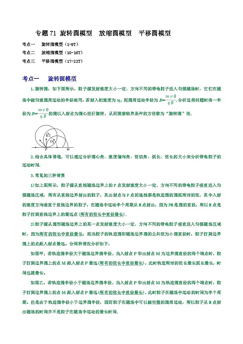 高考物理一轮复习重难点逐个突破专题71旋转圆模型放缩圆模型平移圆模型(原卷版+解析)01