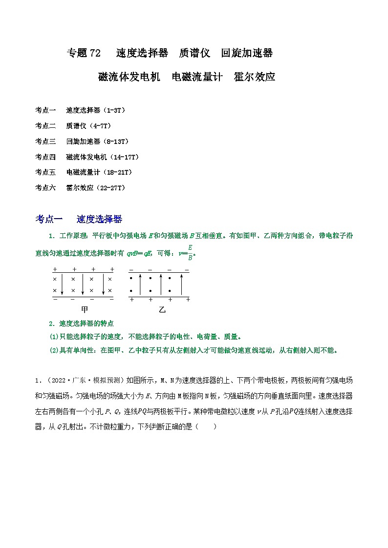 高考物理一轮复习重难点逐个突破专题72速度选择器质谱仪回旋加速器磁流体发电机电磁流量计霍尔效应(原卷版+解析)01