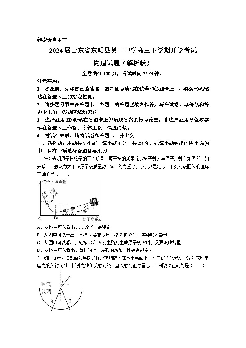 2024届山东省东明县第一中学高三下学期开学考试物理试题（解析版）第1页