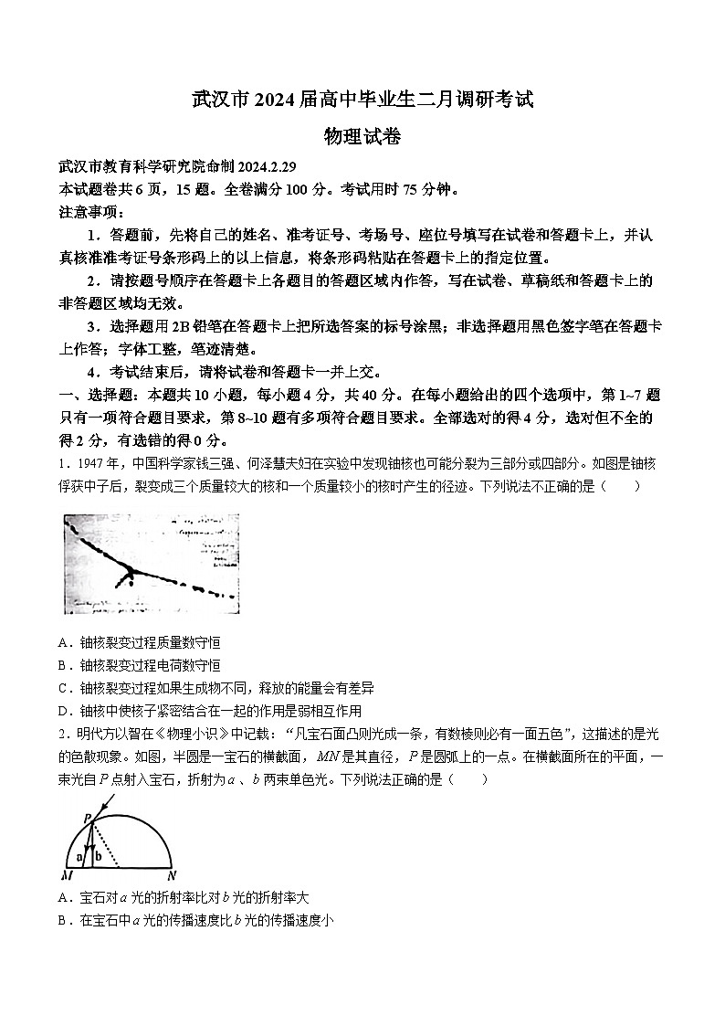 湖北省武汉市2023-2024学年高三下学期年级二月调研考试物理试卷Word版含答案01