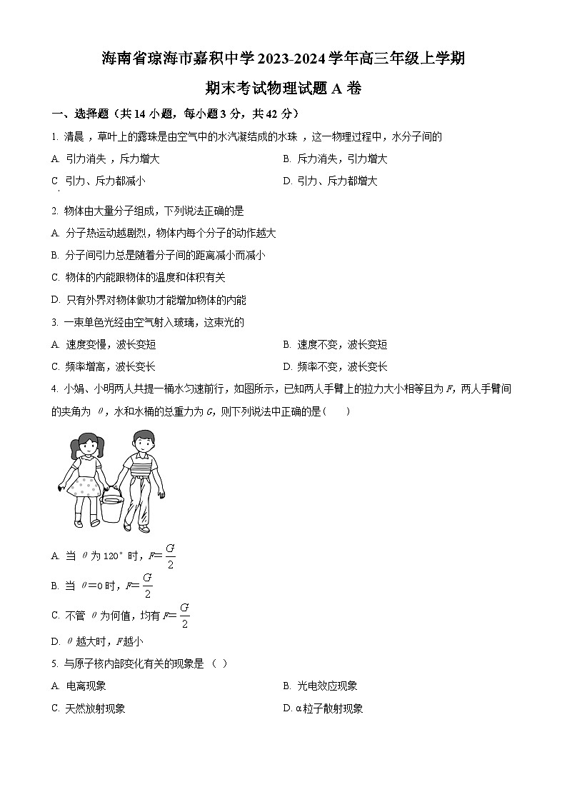 精品解析：海南省琼海市嘉积中学2023-2024学年高三上学期期末考试物理试题A卷（原卷版）第1页