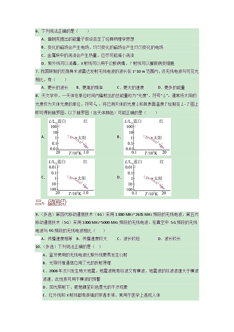 2022-2023学年高中物理人教版选择性必修第二册 4.4 电磁波谱 （原卷版） 作业02