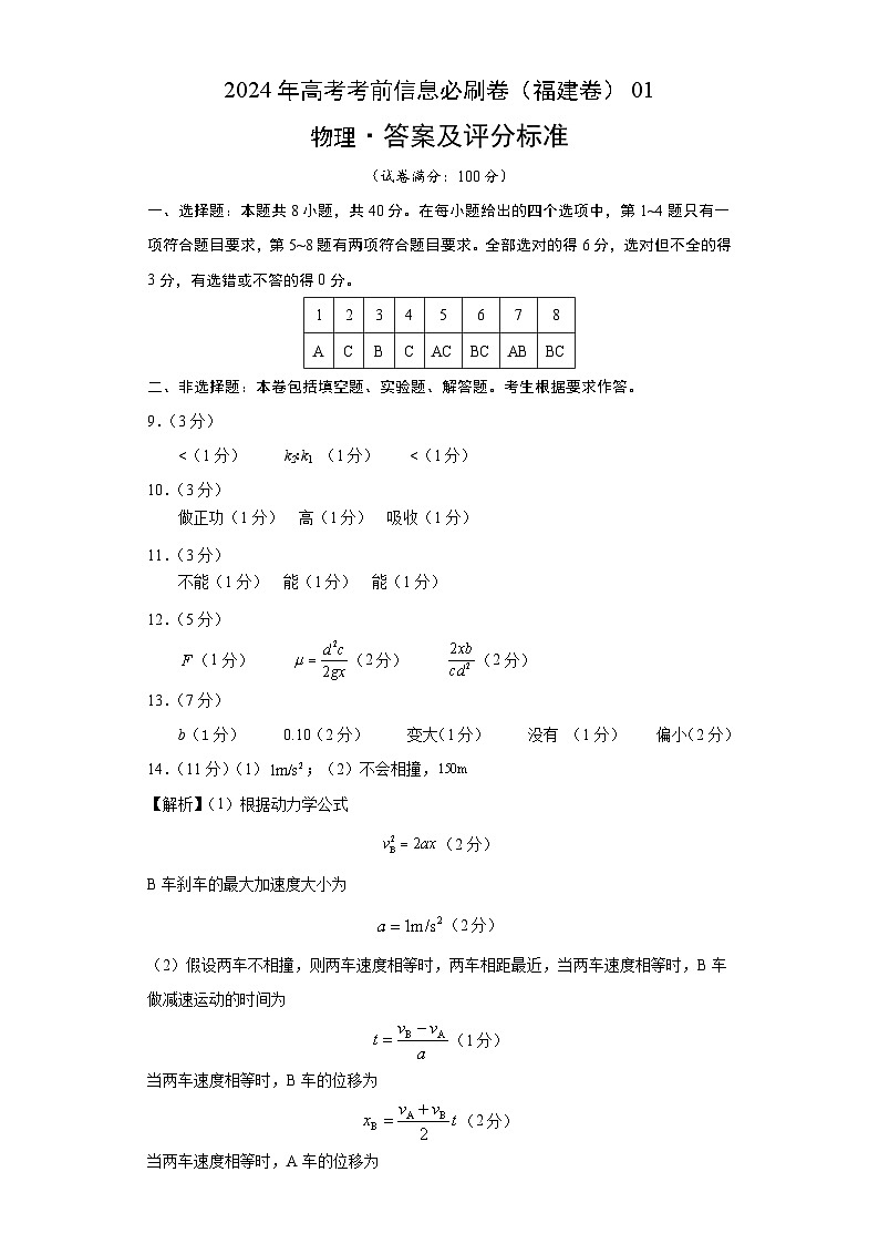 福建省2024年高考物理考前信息必刷卷1（Word版附解析）01