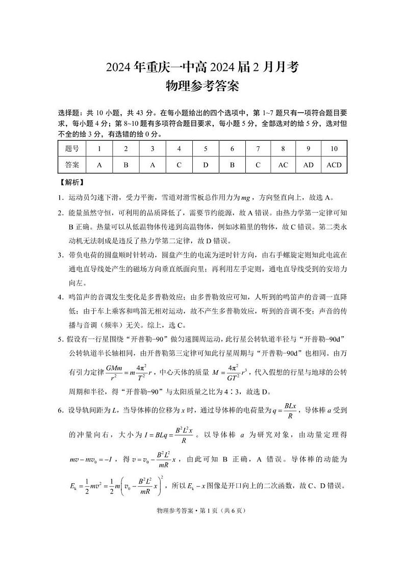 2024年重庆一中高2024届2月月考物理-答案第1页