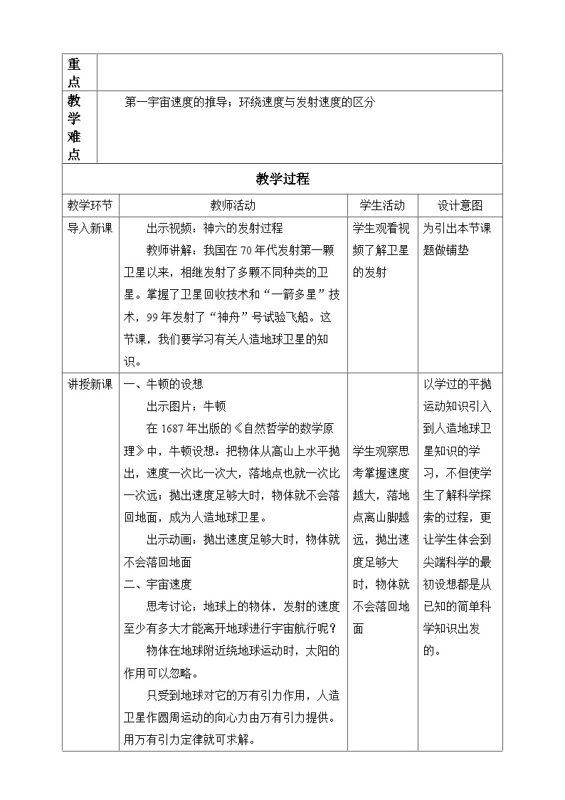 高中物理人教版必修第二册第七章万有引力与宇宙航行宇宙航行教案02