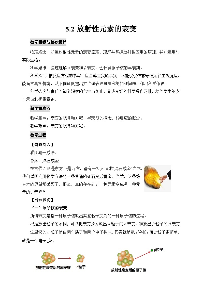 人教版高中物理选择性必修三5.2放射性元素的衰变 教案第1页