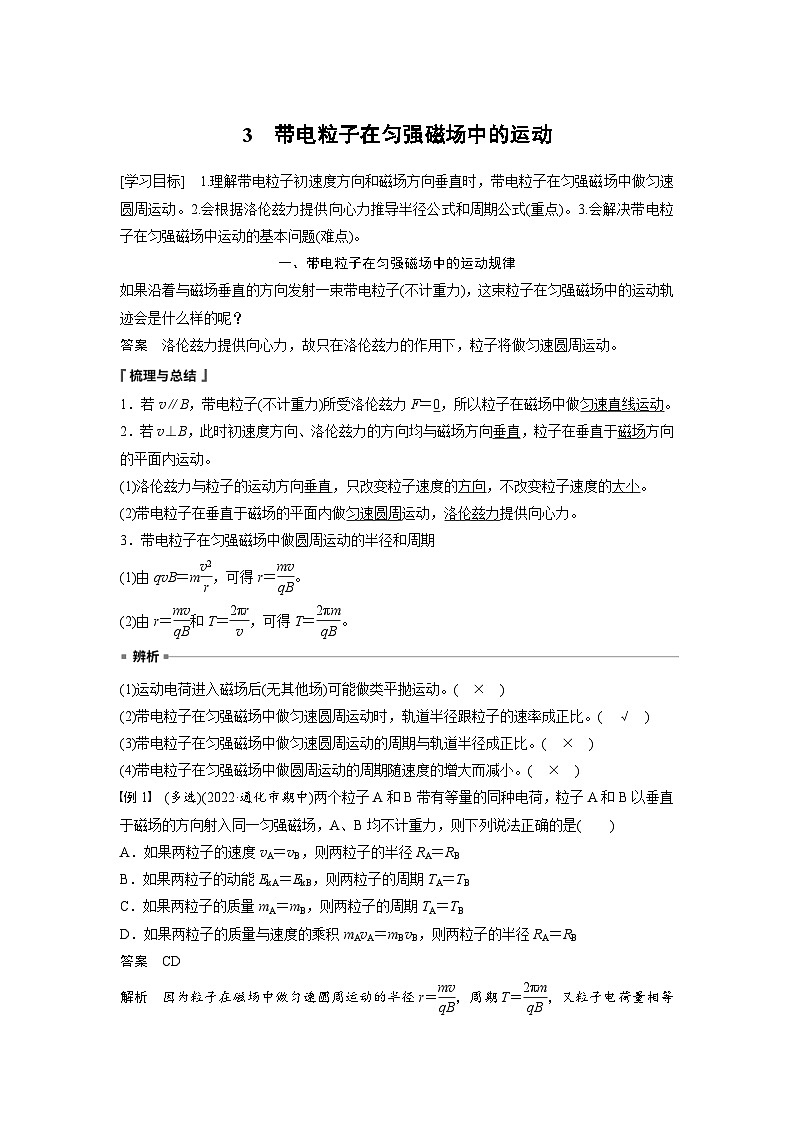 2024年高中物理新教材同步学案 选择性必修第二册  第1章 3　带电粒子在匀强磁场中的运动（含解析）01