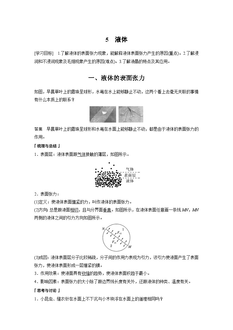 2024年高中物理新教材同步学案 选择性必修第三册  第2章 5 液体（含解析）第1页