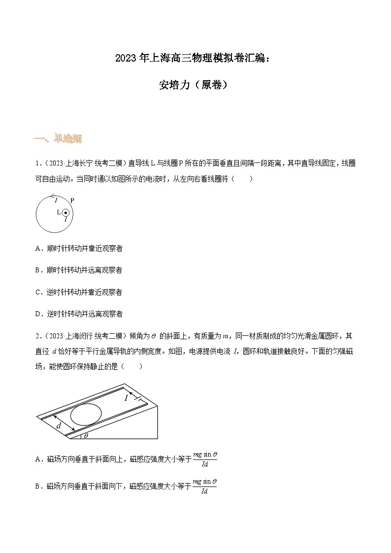 2023年上海高三物理模拟卷汇编：安培力（原卷）第1页