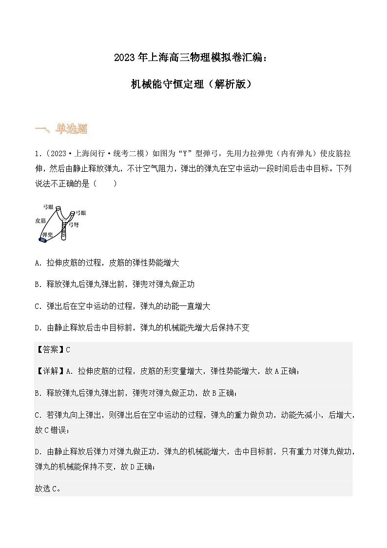 2023年上海高三物理模拟卷汇编：机械能守恒定理（解析版）第1页