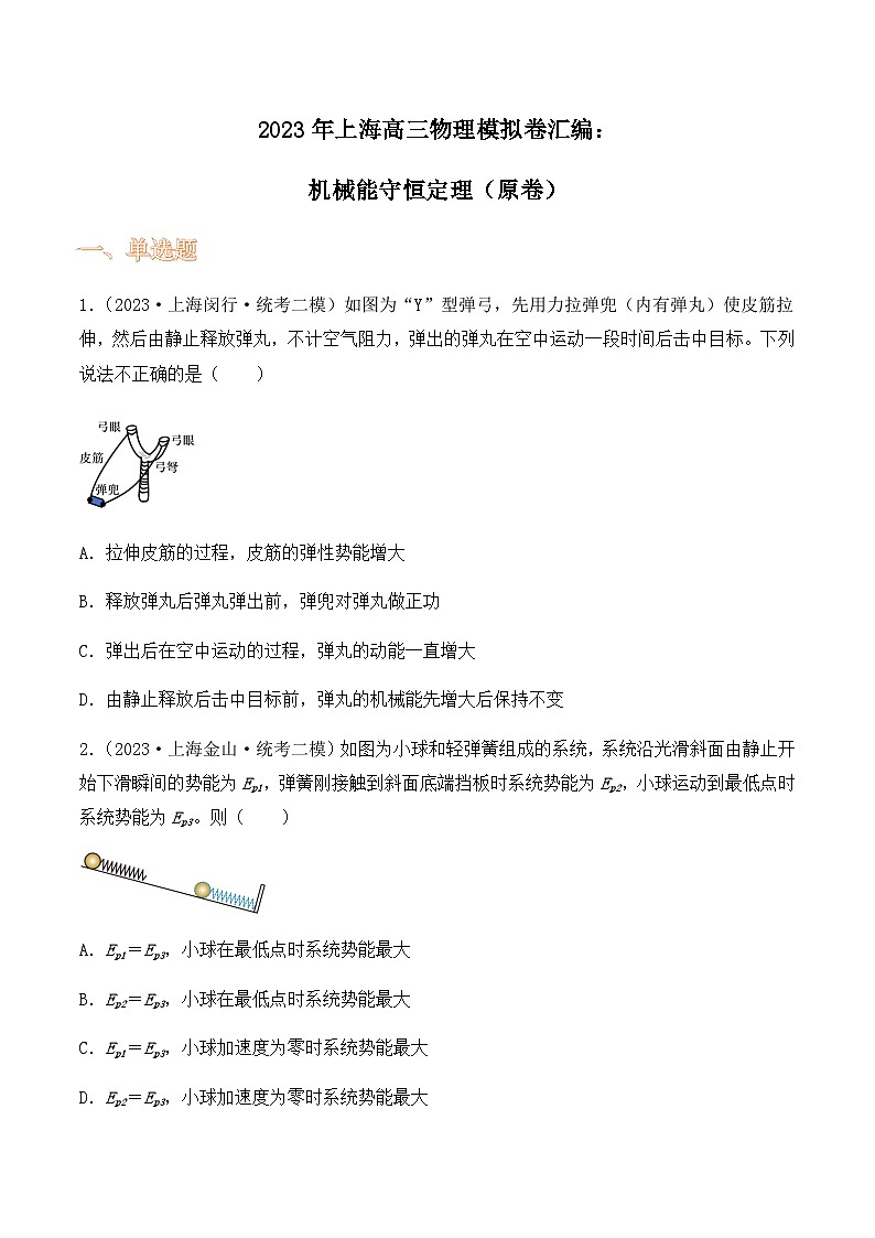 2023年上海高三物理模拟卷汇编：机械能守恒定理（原卷）第1页