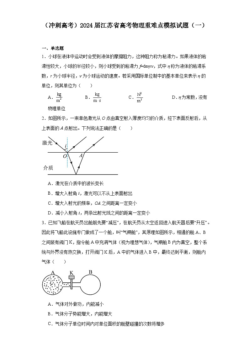 （冲刺高考）2024届江苏省高考物理重难点模拟试题（一）第1页