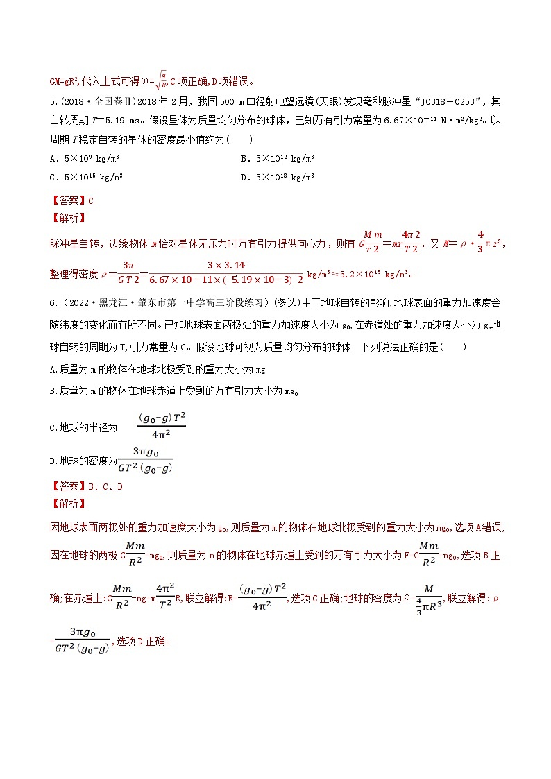 专题31随地转动模型、万有引力与抛体运动、卫星参量的比较-2023届高三物理一轮复习重难点逐个突破03