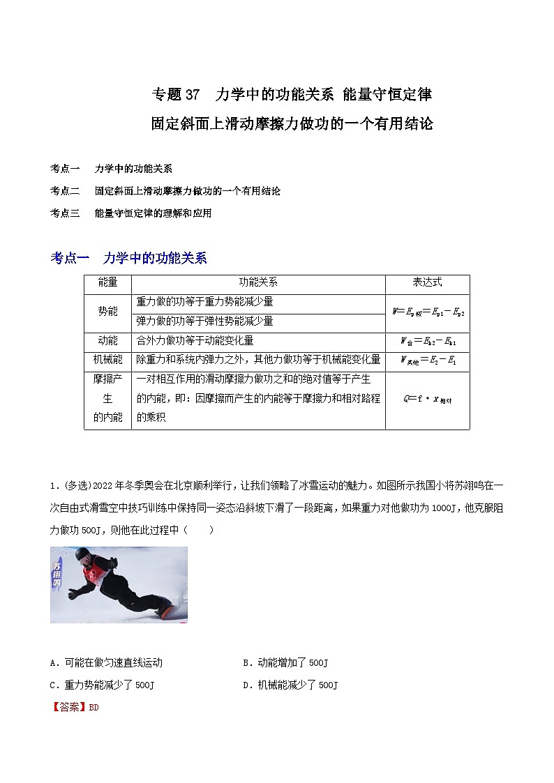 专题37力学中的功能关系  固定斜面上滑动摩擦力做功的一个有用结论   能量守恒定律（解析版）第1页