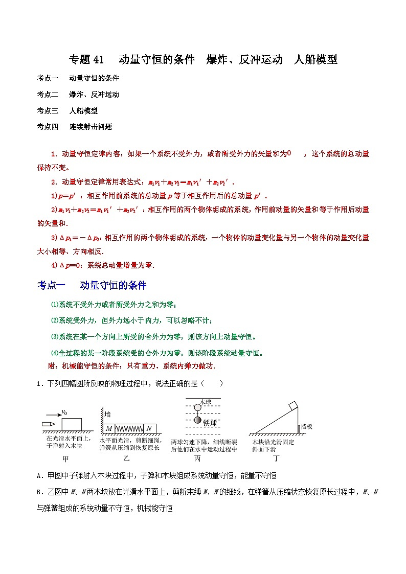 专题41动量守恒的条件  爆炸、反冲运动  人船模型（原卷版）第1页