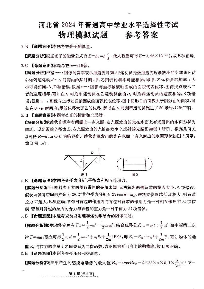 2024届河北省高三下学期普通高中学业水平选择性考试 物理参考答案第1页