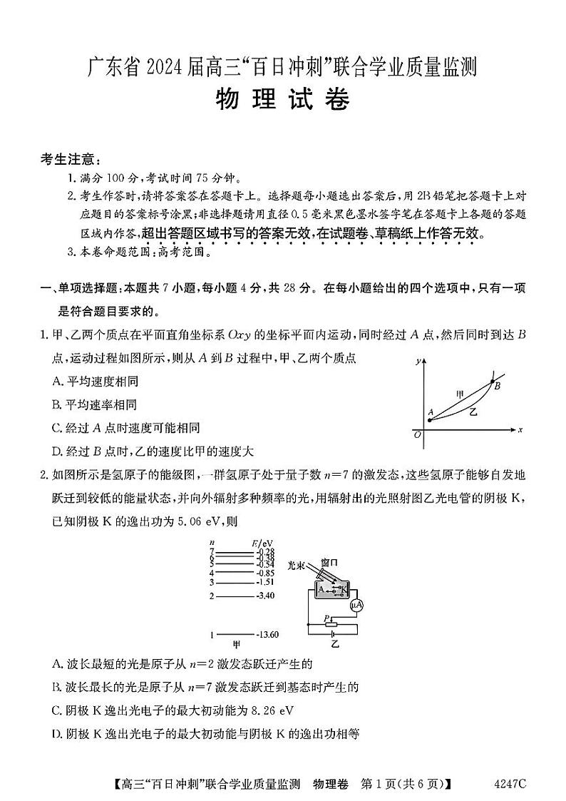 2024广东省高三下学期百日冲刺联合学业质量监测试题物理PDF版含解析01