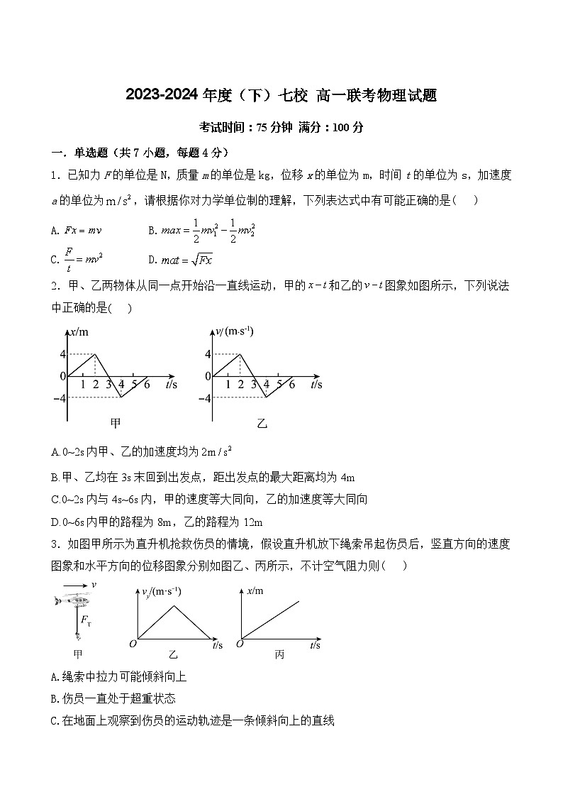 辽宁省七校2023-2024学年高一下学期开学考试物理试卷（Word版含答案）第1页