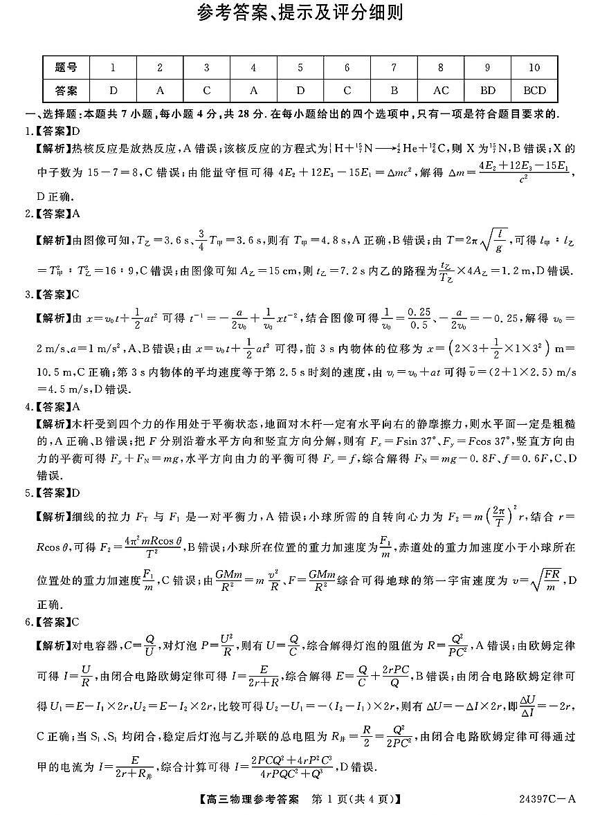 2024届河北保定部分高中物理答案第1页