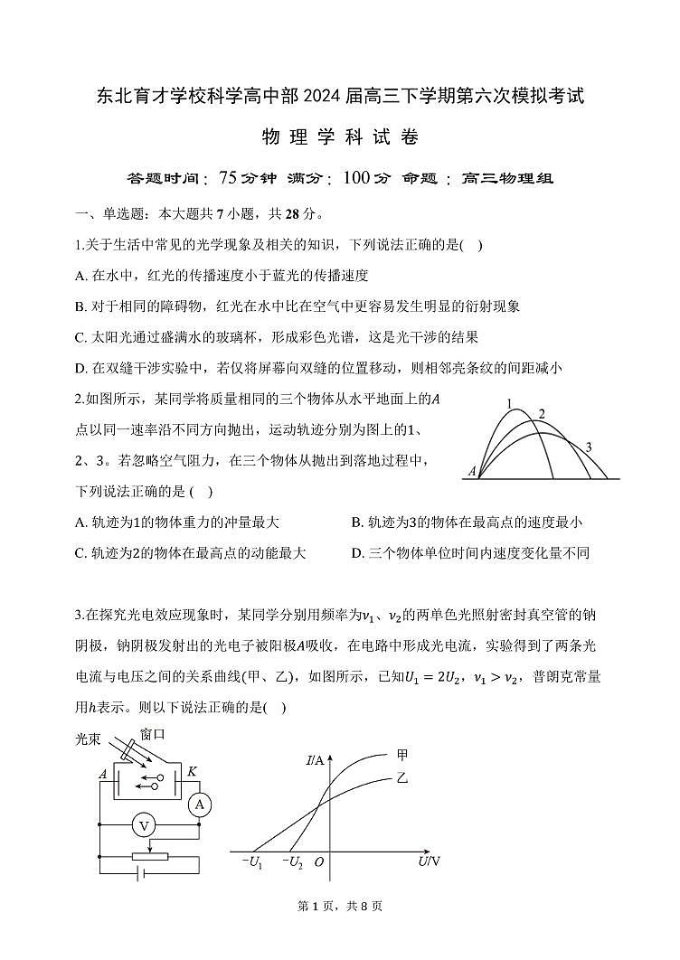 东北育才学校科学高中部 2024 届高三下学期第六次模拟考试物理学科试卷和答案第1页
