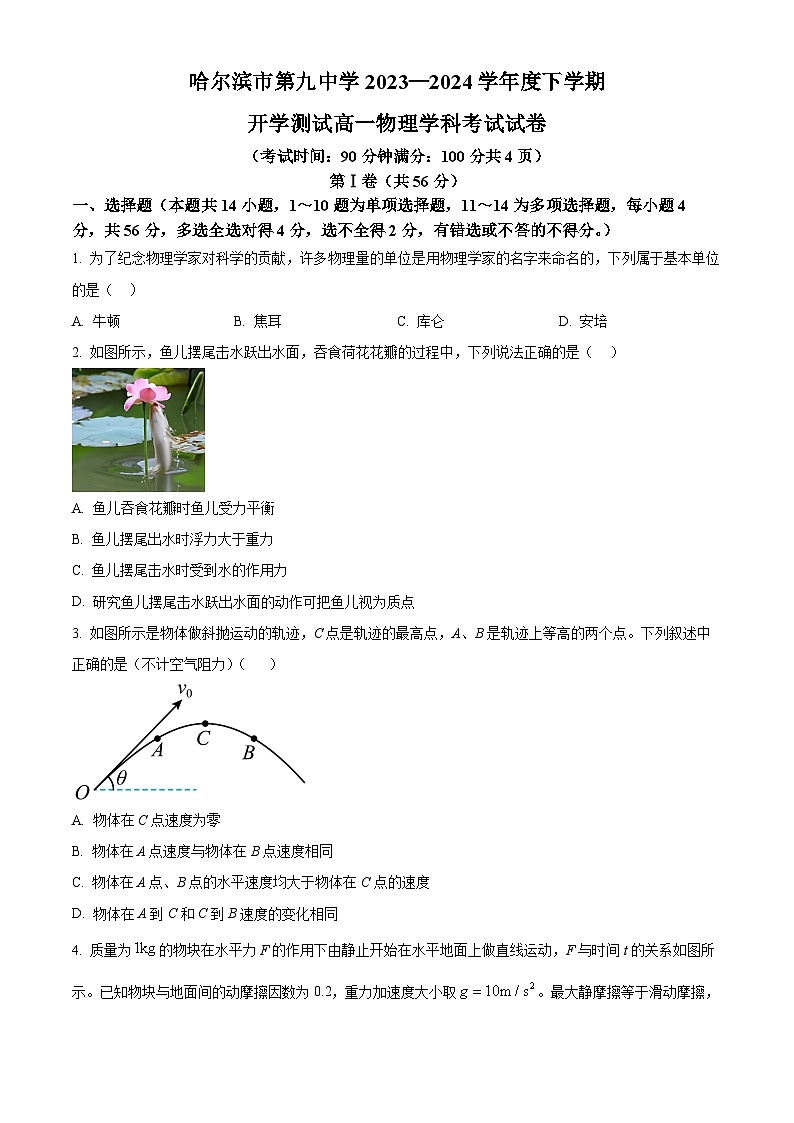 2024省哈尔滨九中高一下学期开学考试物理含答案01