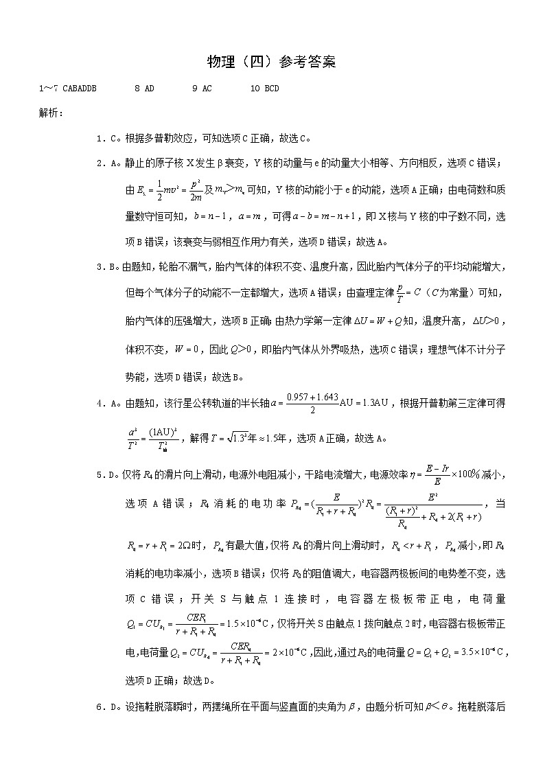 2024届重庆市普通高中学业水平选择性考试高考模拟调研卷（四）物理01