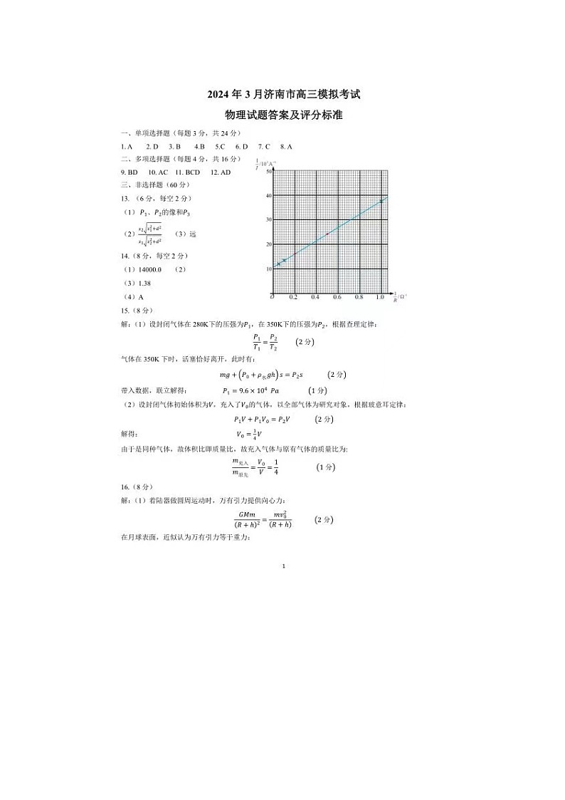 2024届山东济南高三一模物理试题+答案01