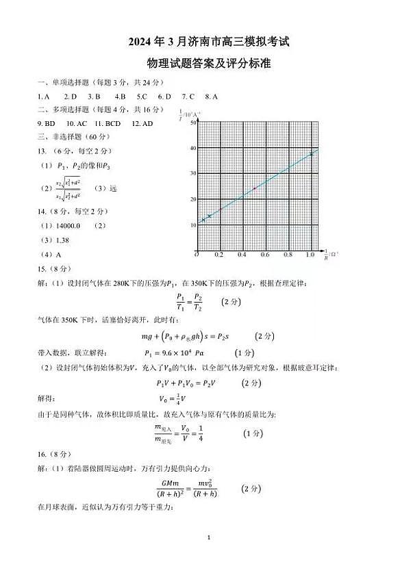 2024届山东济南高三一模物理试题+答案01