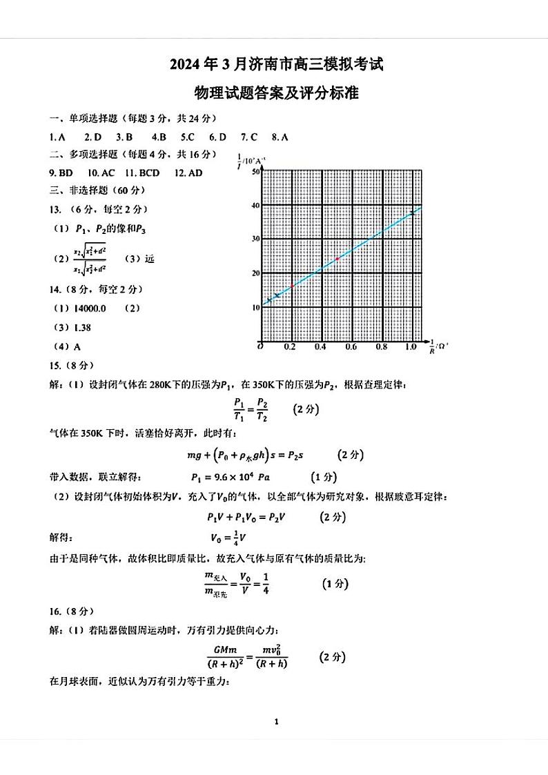 山东省济南市2024年3月高三模拟考试 物理答案第1页