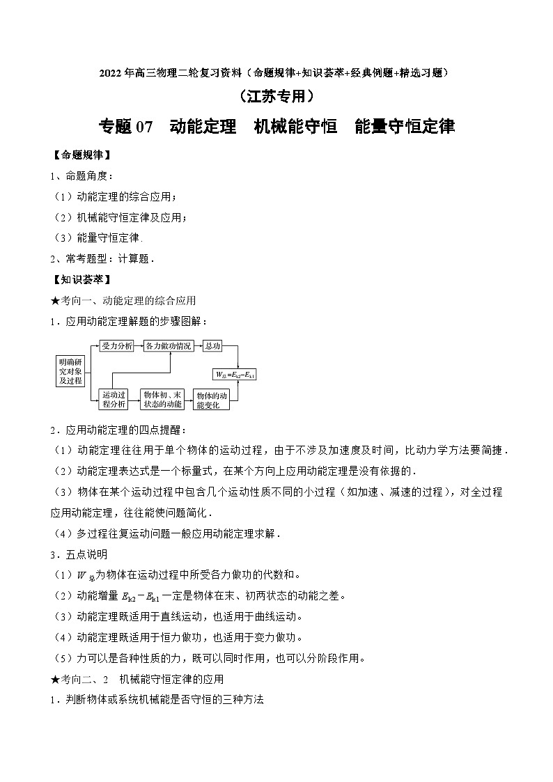 高三物理二轮复习(命题规律+知识荟萃+经典例题+精选习题)(江苏专用)专题07　动能定理　机械能守恒　能量守恒定律(原卷版+解析)第1页