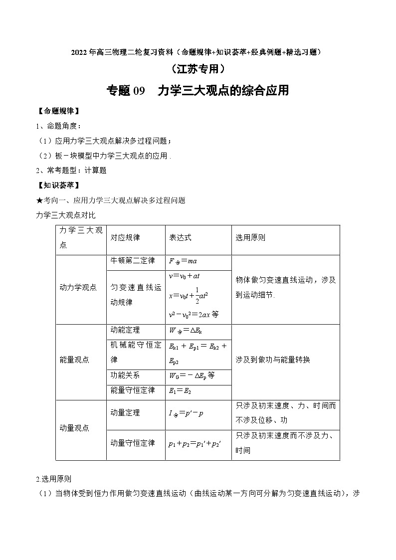 高三物理二轮复习(命题规律+知识荟萃+经典例题+精选习题)(江苏专用)专题09　力学三大观点的综合应用(原卷版+解析)第1页