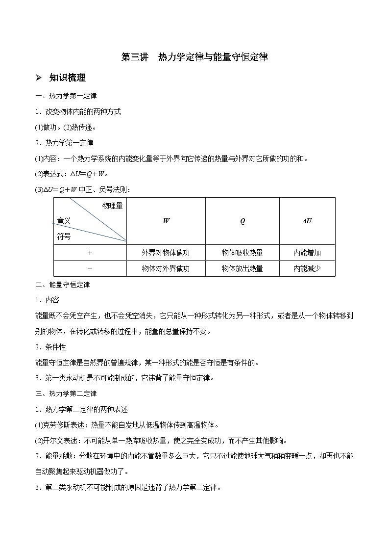 高三物理一轮复习精讲精练第三讲热力学定律与能量守恒定律(原卷版+解析)01