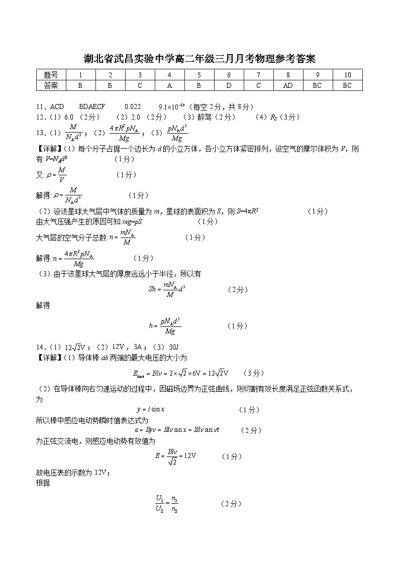 湖北省武昌实验中学2023-2024学年高二下学期3月月月考物理试卷（Word版附答案）01