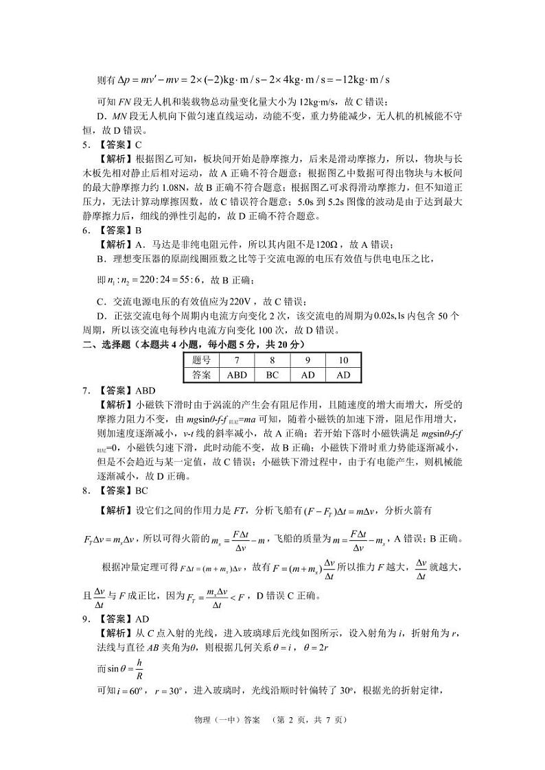 2024届湖南省长沙市第一中高三下学期高考适应性演练(一）物理答案第2页
