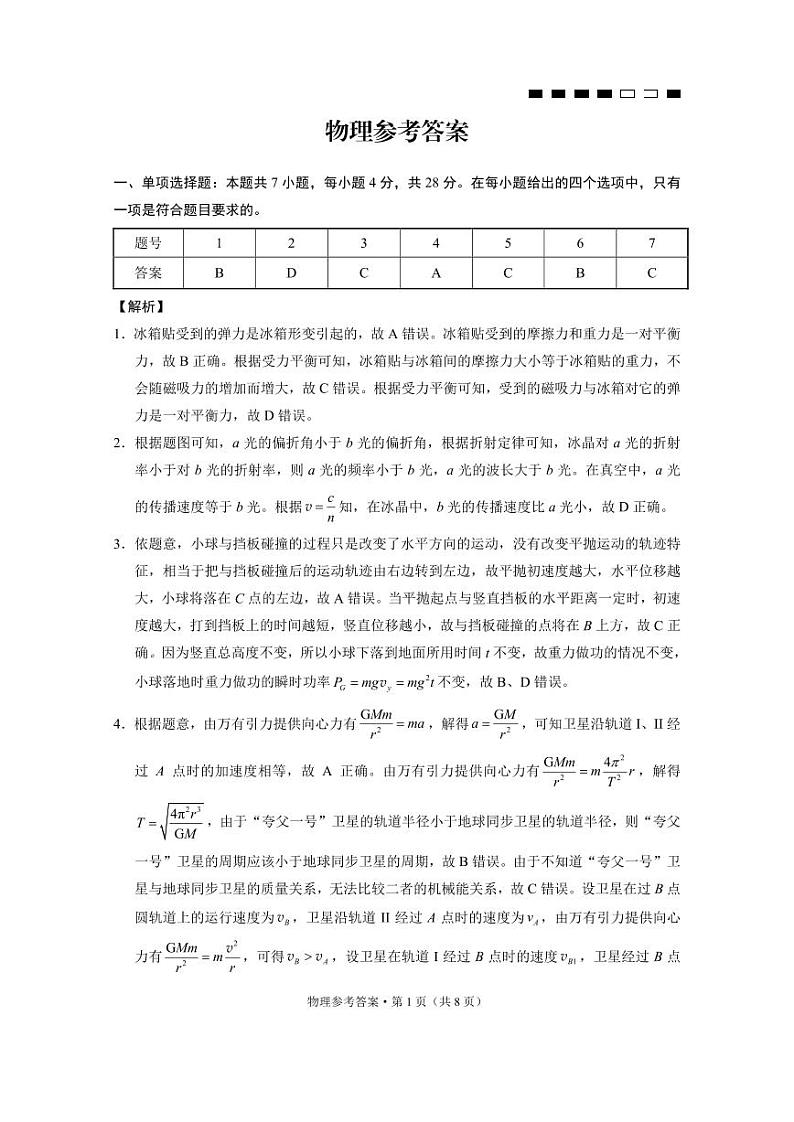 重庆市第八中学2024届高考适应性月考卷（六）物理-答案第1页