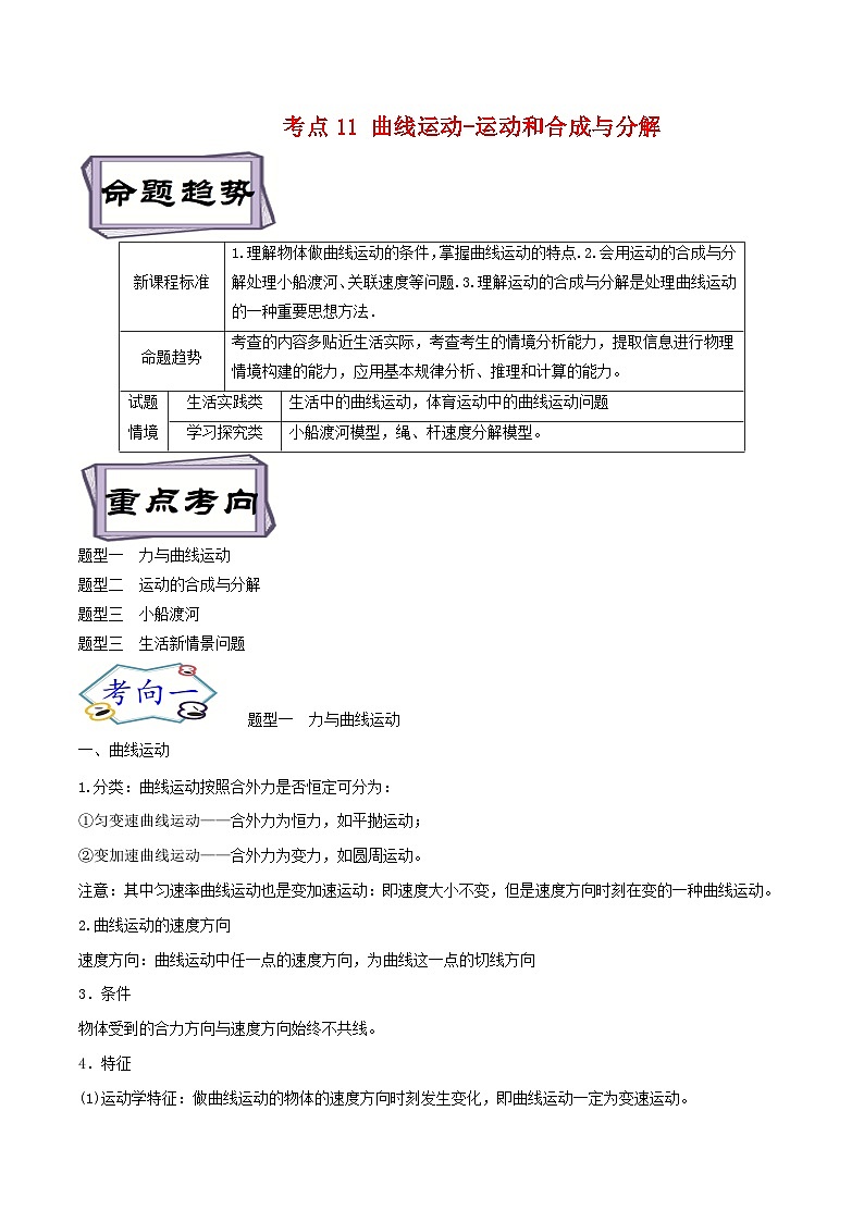 高考物理一轮复习4.1曲线运动-运动和合成与分解-(原卷版+解析)第1页