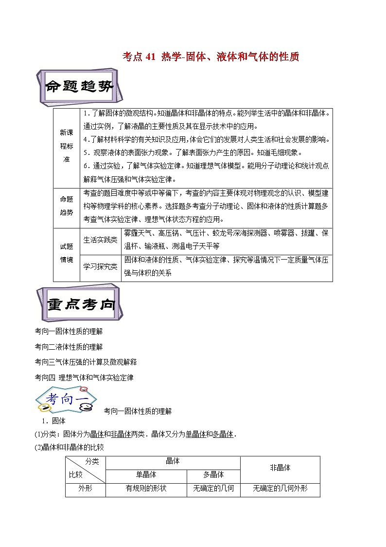 高考物理一轮复习13.2热学-固体、液体和气体的性质(原卷版+解析)01