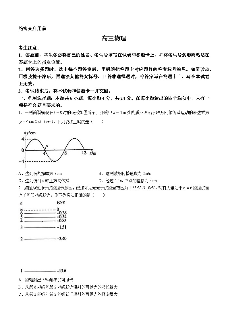 2024届湖南省衡阳市高三下学期二模物理试卷(无答案)第1页