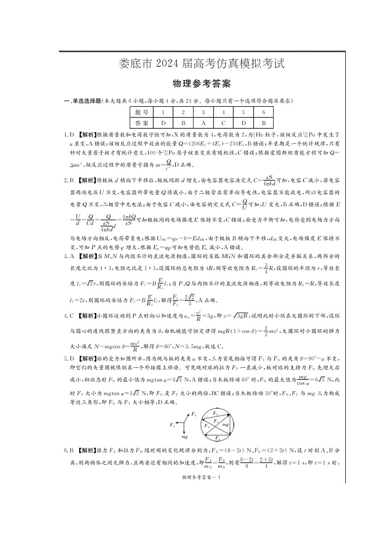 娄底市2024届高考仿真模拟物理试题答案第1页