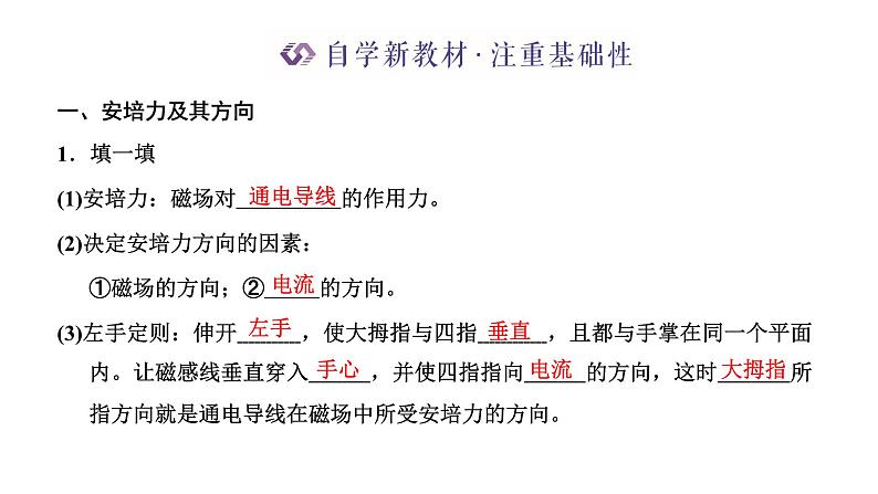 粤教版高中物理选择性必修第二册第一章磁场第一、二节安培力安培力的应用课件第3页