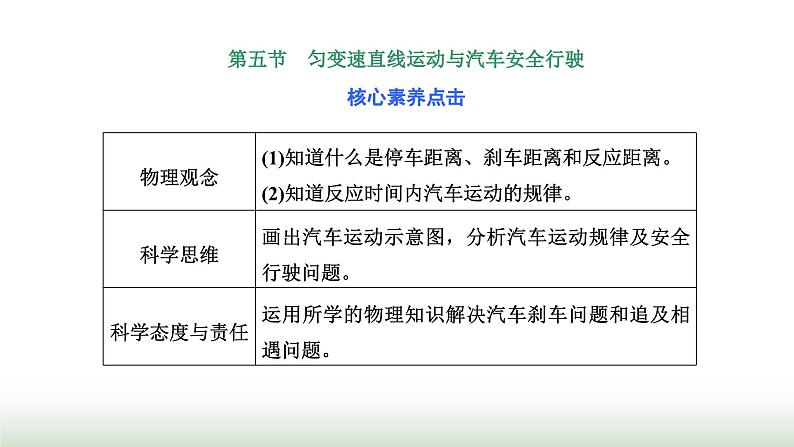 粤教版高中物理必修第一册第二章匀变速直线运动第五节匀变速直线运动与汽车安全行驶课件01