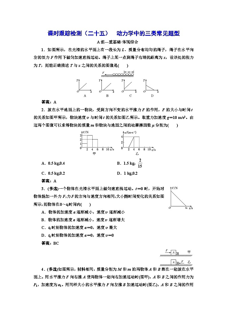 人教版高中物理必修第一册课时跟踪检测（二十五）动力学中的三类常见题型含答案01