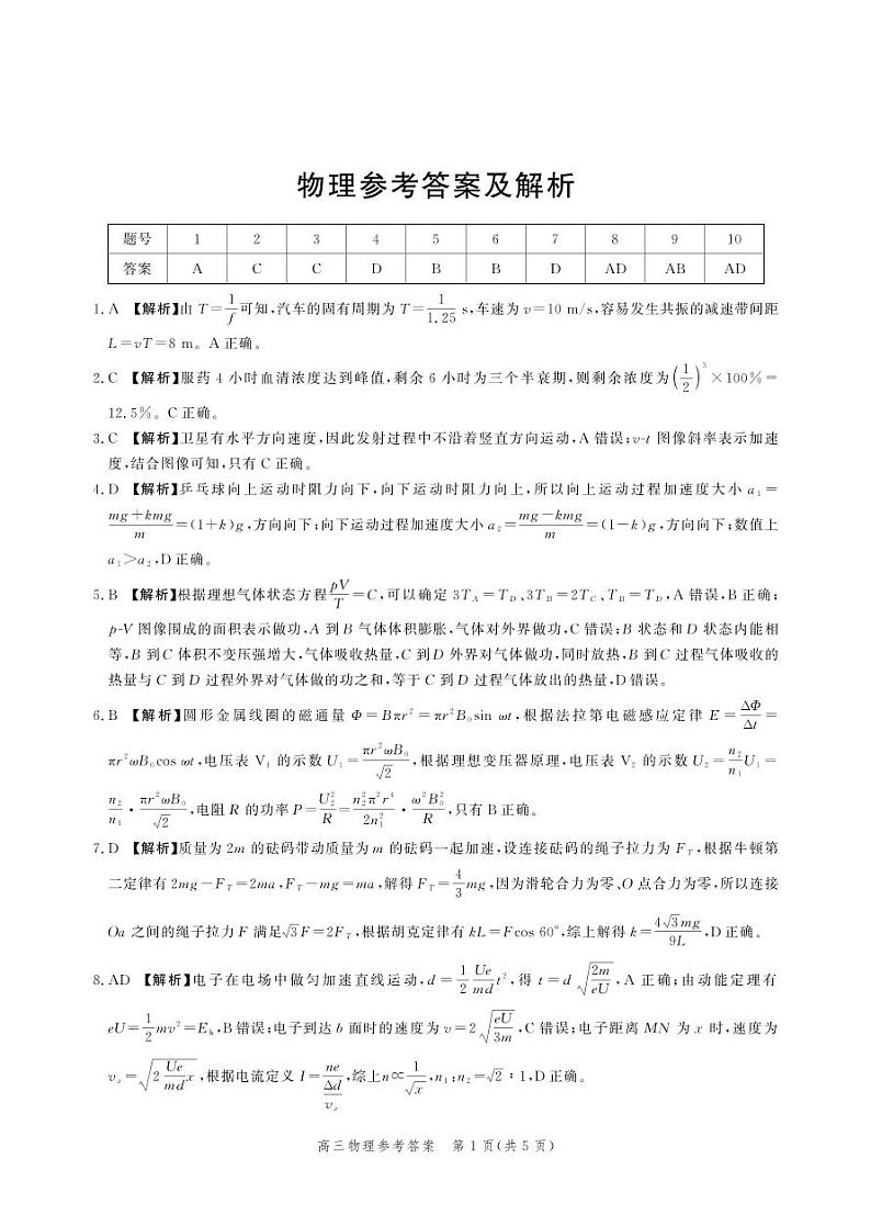 2024届河北省高三下学期大数据应用调研联合测评（Ⅵ）物理答案第1页
