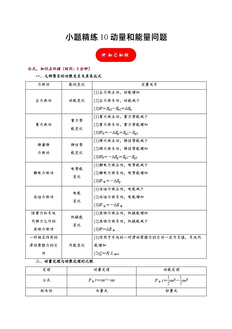 小题精练10 动量和能量问题——高考物理题型突破限时精练01