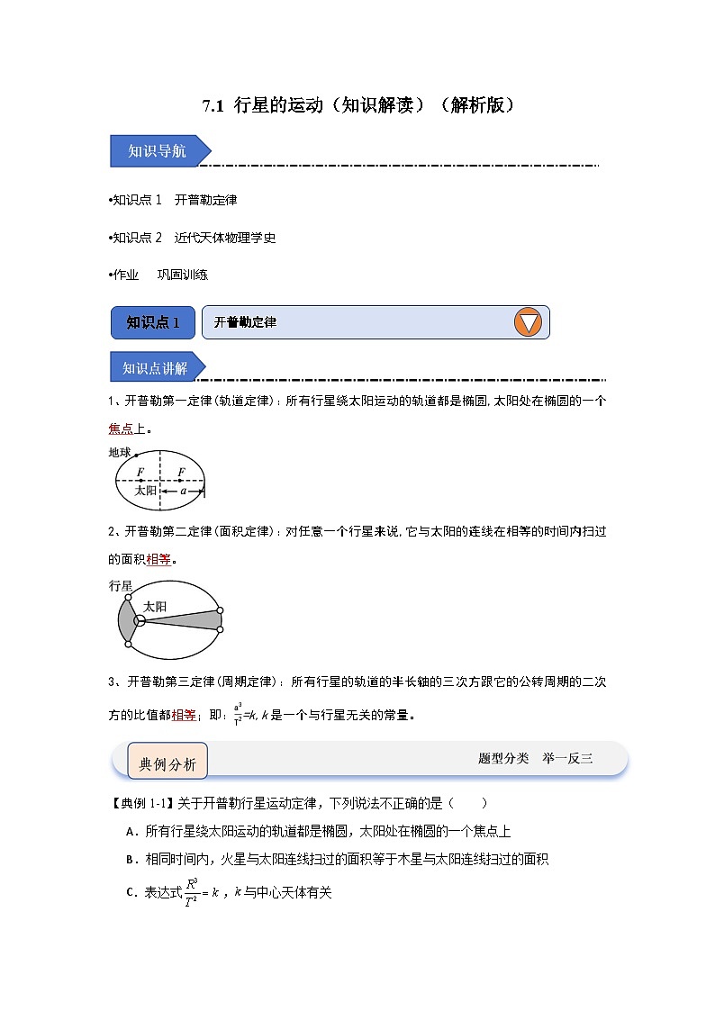 7.1行星的运动（知识解读）（解析版）第1页