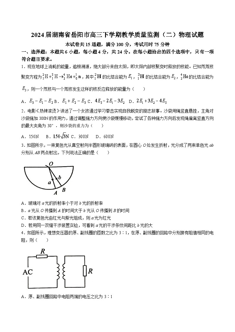 2024届湖南省岳阳市高三下学期教学质量监测（二）物理试题 Word版第1页