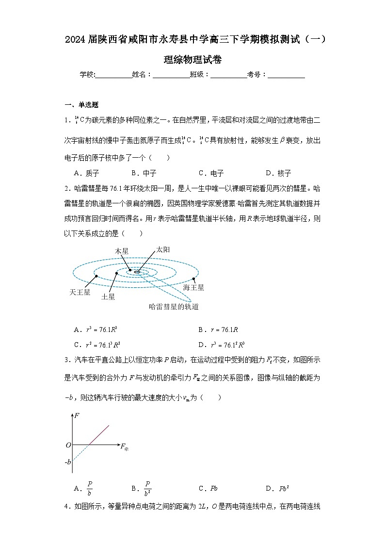 2024届陕西省咸阳市永寿县中学高三下学期模拟测试（一）理综物理试卷（含解析）01